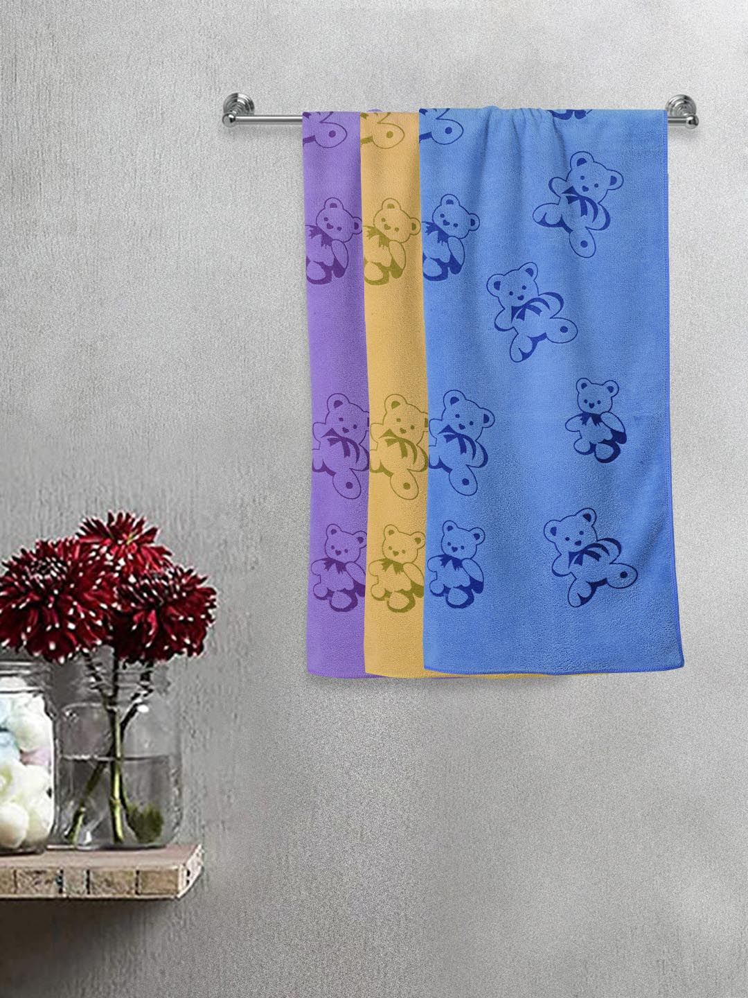 FABINALIV Kids 3-Pcs Blue & Yellow Printed 300 GSM Cotton Bath Towels