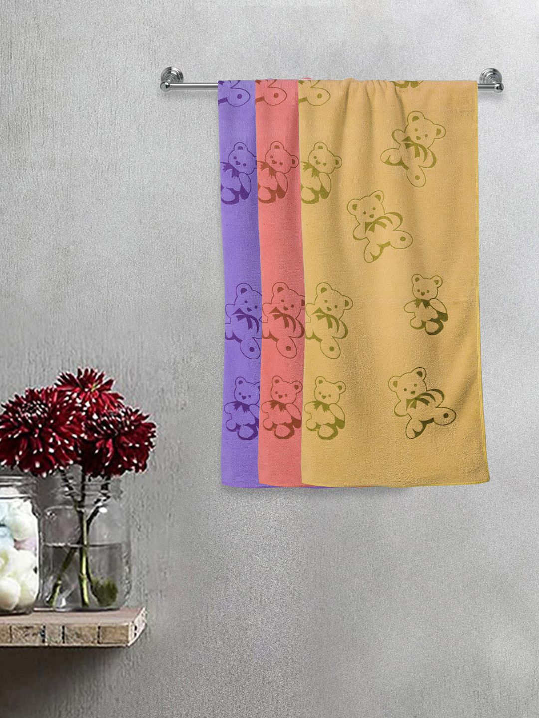 FABINALIV Kids Purple & Yellow 3 Pieces Printed 300 GSM Cotton Bath Towels