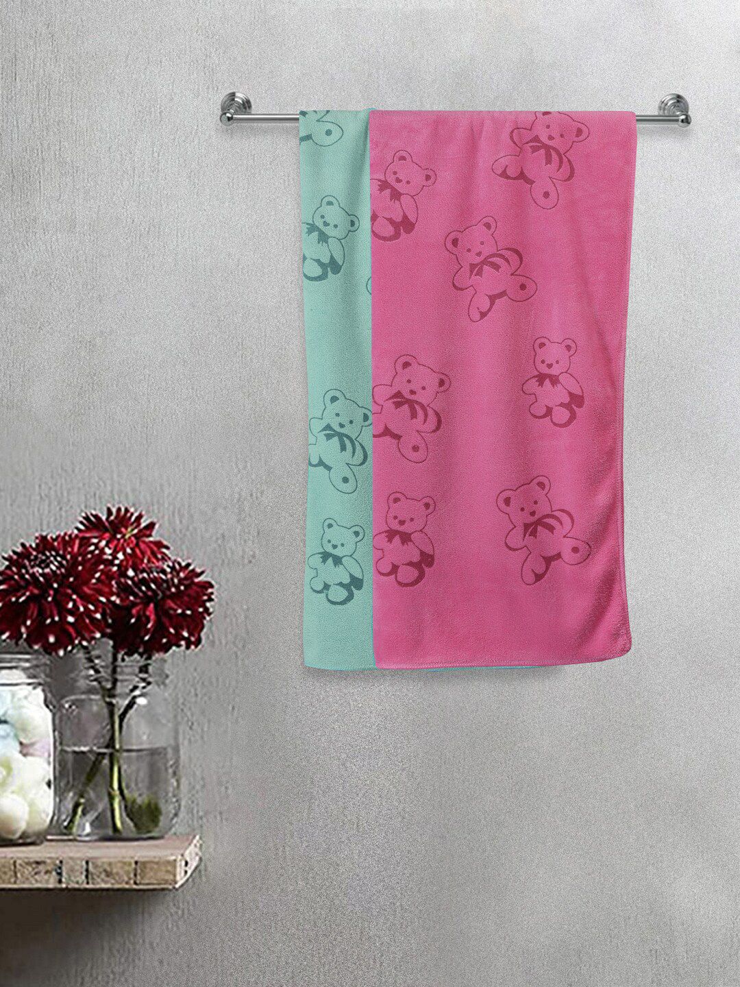 FABINALIV Kids Pink & Green 2 Pieces Printed 300 GSM Cotton Bath Towel
