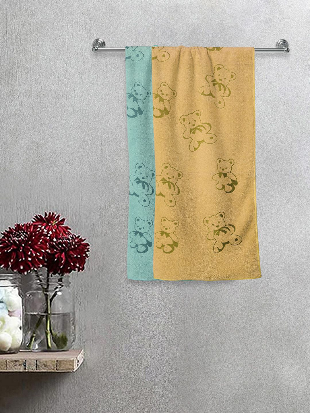 FABINALIV Kids Green & Yellow 2 Pieces Cartoon Printed 300 GSM Cotton Bath Towels