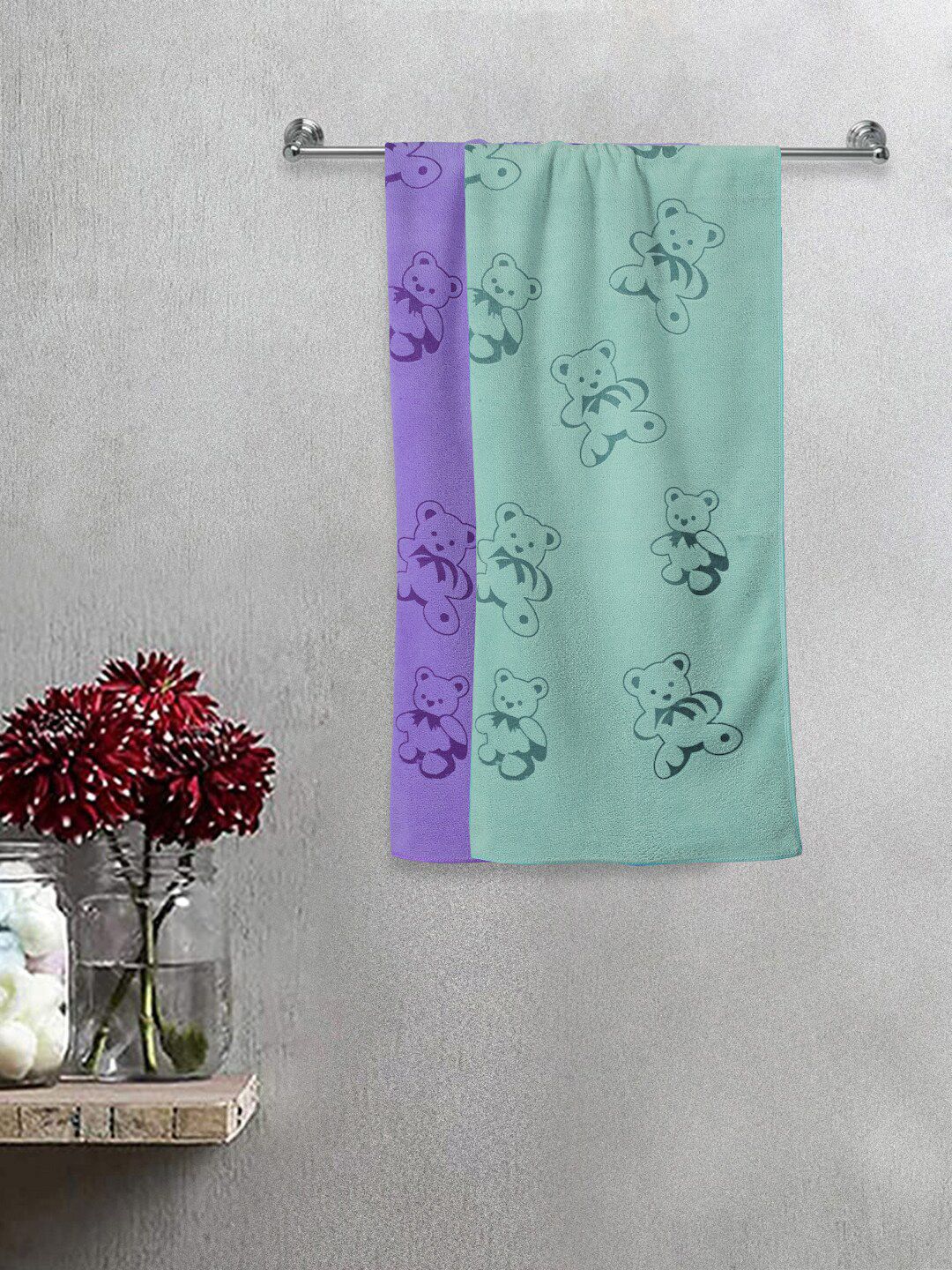 FABINALIV Kids Green & Purple 2 Pieces Cartoon Printed 300 GSM Cotton Bath Towels