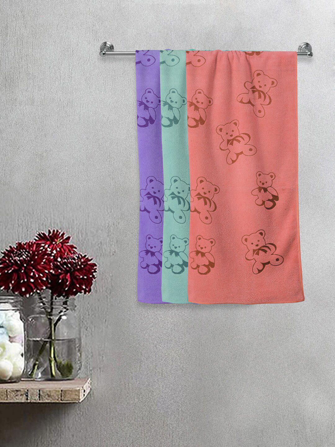 FABINALIV Kids 3-Pcs Green & Pink Printed 300 GSM Cotton Bath Towels