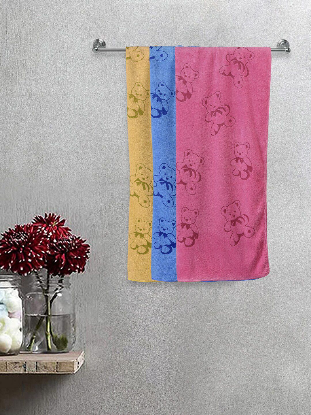 FABINALIV Kids Blue & Pink 3 Pieces Printed 300 GSM Cotton Bath Towel