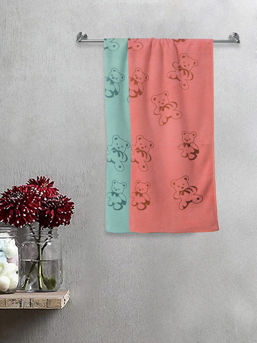 FABINALIV Kids Green & Pink 2 Pieces Cartoon Printed 300 GSM Cotton Bath Towels