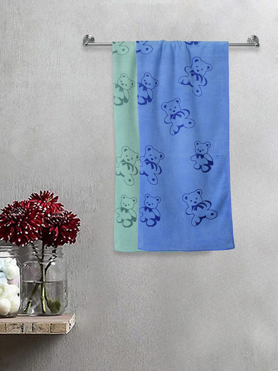 FABINALIV Kids Blue & Green 2 Pieces Cartoon Printed 300 GSM Cotton Bath Towels