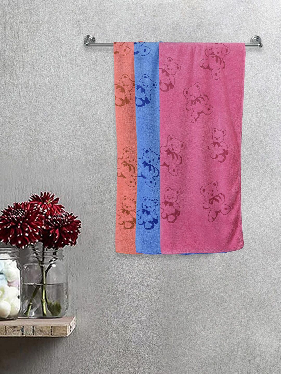 FABINALIV Kids Blue & Pink 3 Pieces Printed 300 GSM Cotton Bath Towels