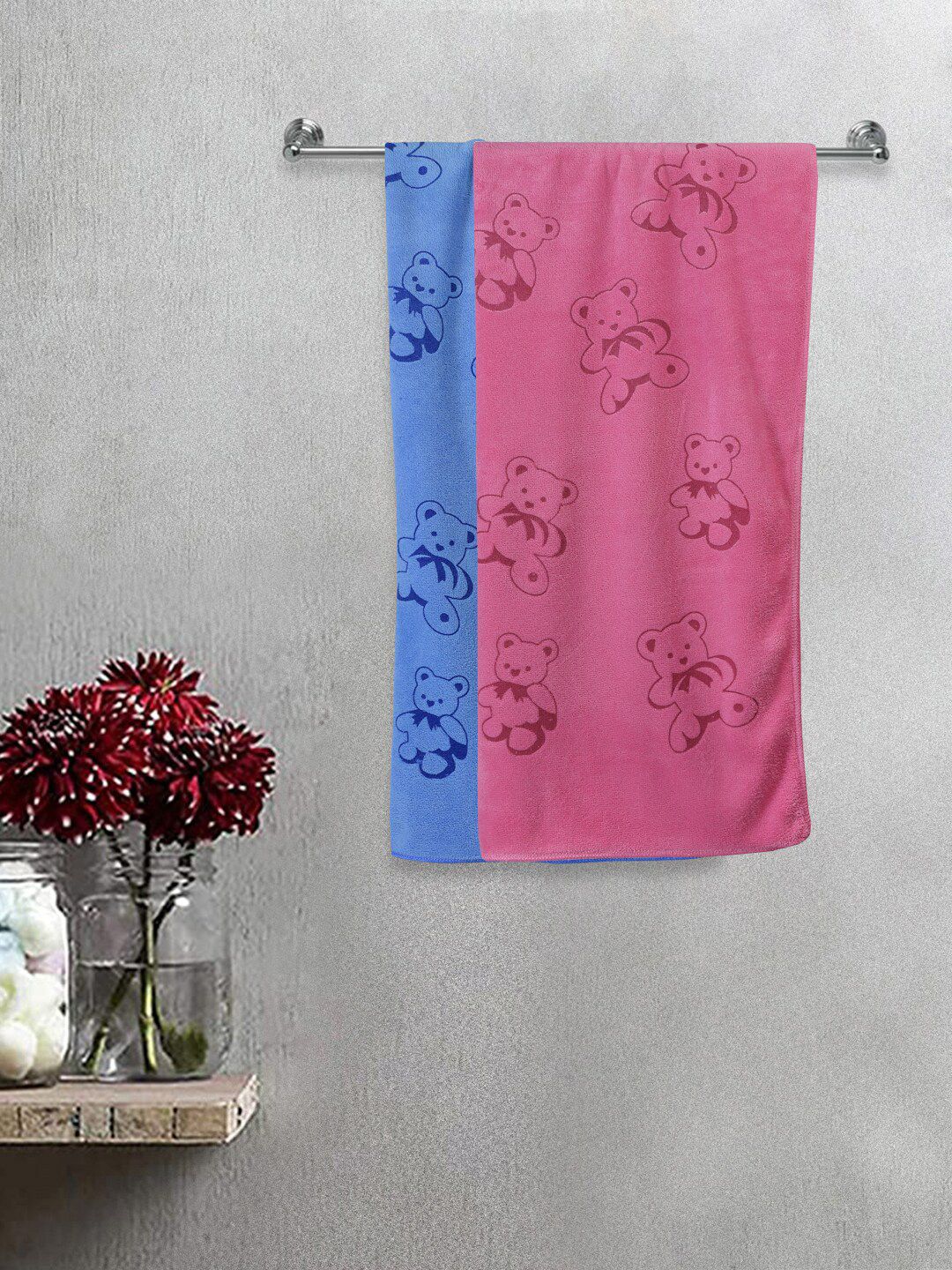 FABINALIV Kids Blue & Pink 2 Pieces Printed 300 GSM Cotton Bath Towel