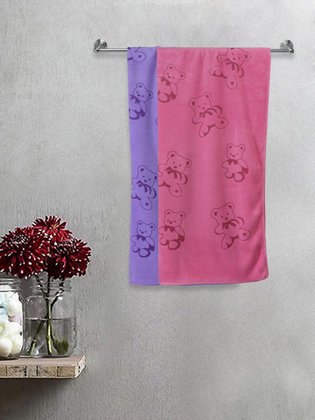 FABINALIV Kids Pink & Purple 2 Pieces Printed 300 GSM Cotton Bath Towels