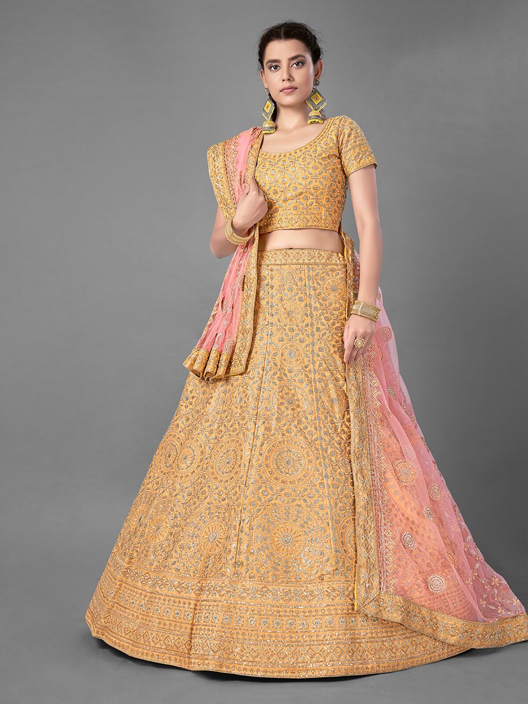 ODETTE Embroidered Thread Work Semi-Stitched Lehenga & Unstitched Blouse With Dupatta Price in India