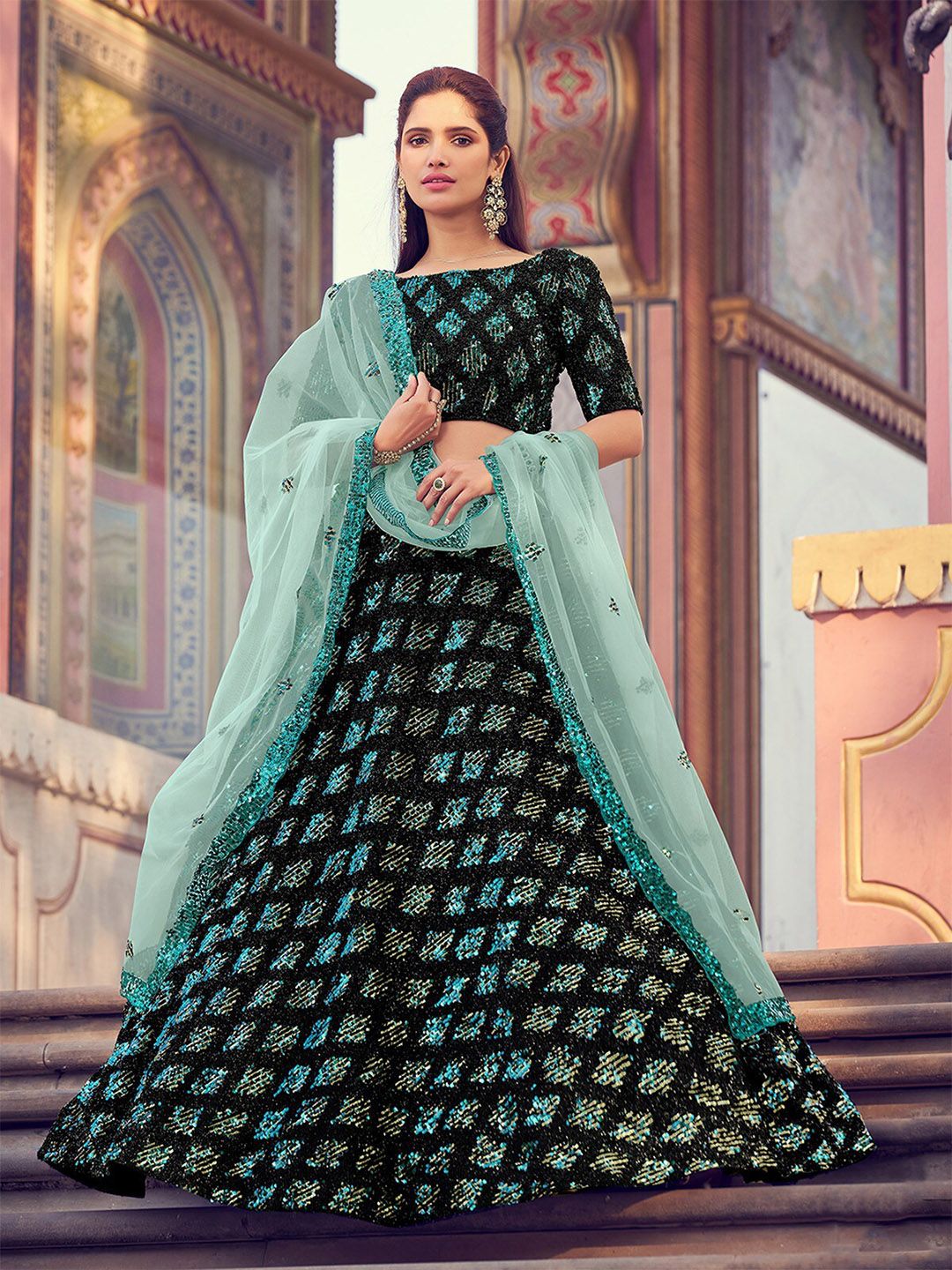 ODETTE Embroidered Sequinned Semi-Stitched Lehenga & Unstitched Blouse With Dupatta Price in India