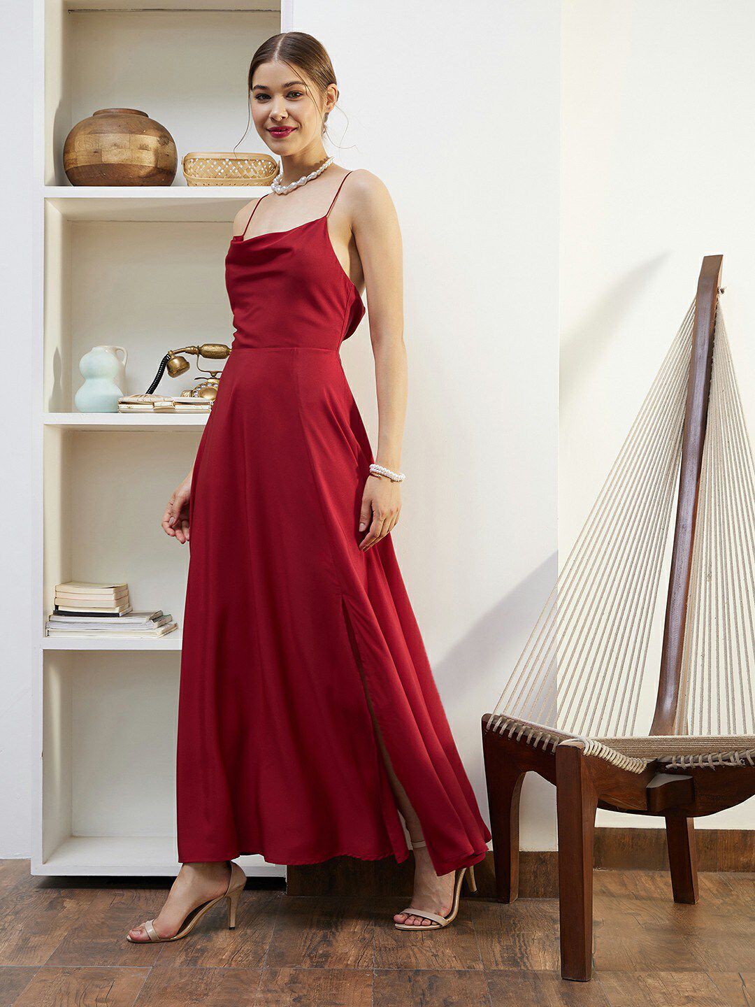 Buy Berrylush Red Cowl Neck Shoulder Straps Lace Up Maxi Dress - Dresses  for Women 23815418 | Myntra