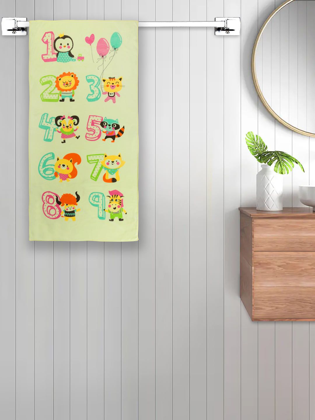 FABINALIV Kids Yellow & Green Printed 420 GSM Cotton Bath Towel