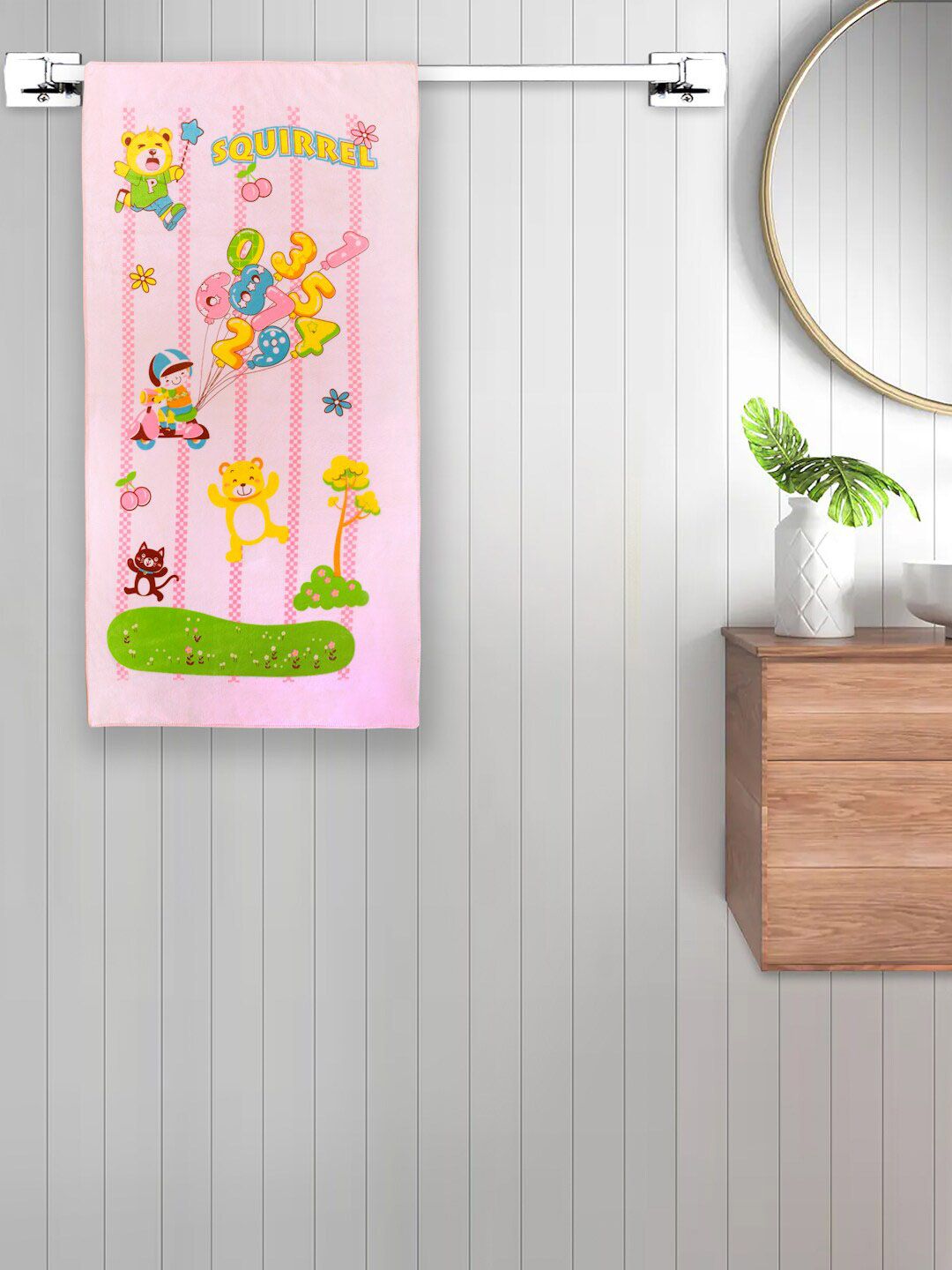 FABINALIV Kids Pink & Green Cartoon Printed 420 GSM Cotton Bath Towel
