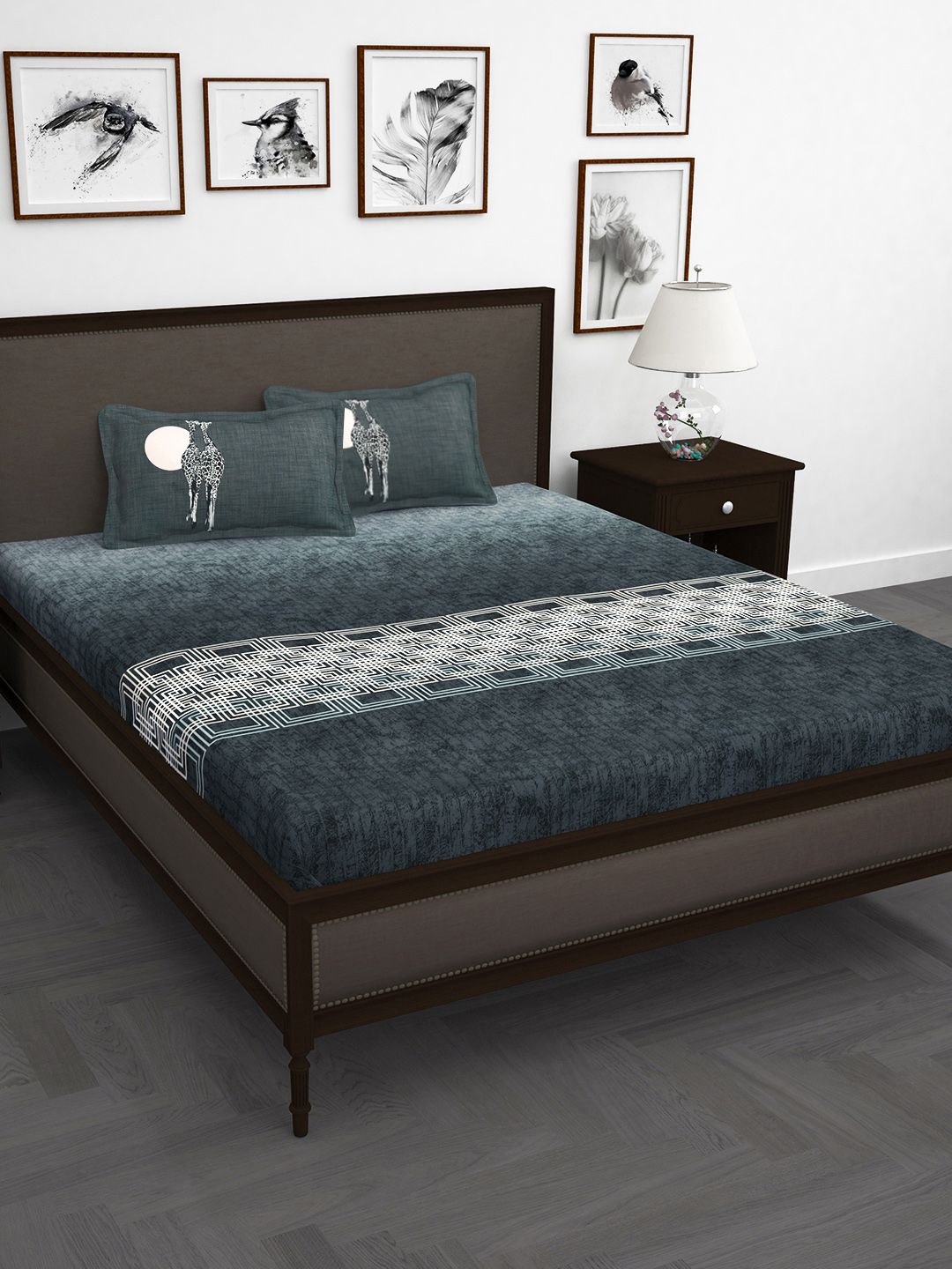 Story@home Story@home Grey & White Cotton 260TC King Bedsheet with Pillow Covers - 108x108In