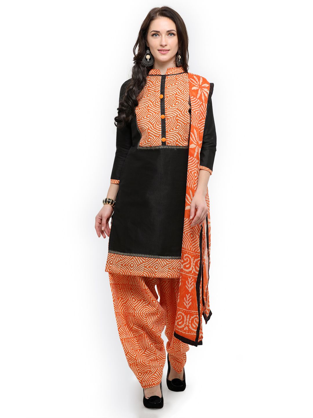 Saree Mall Black & Orange Cotton Blend Unstitched Dress Material Price in India