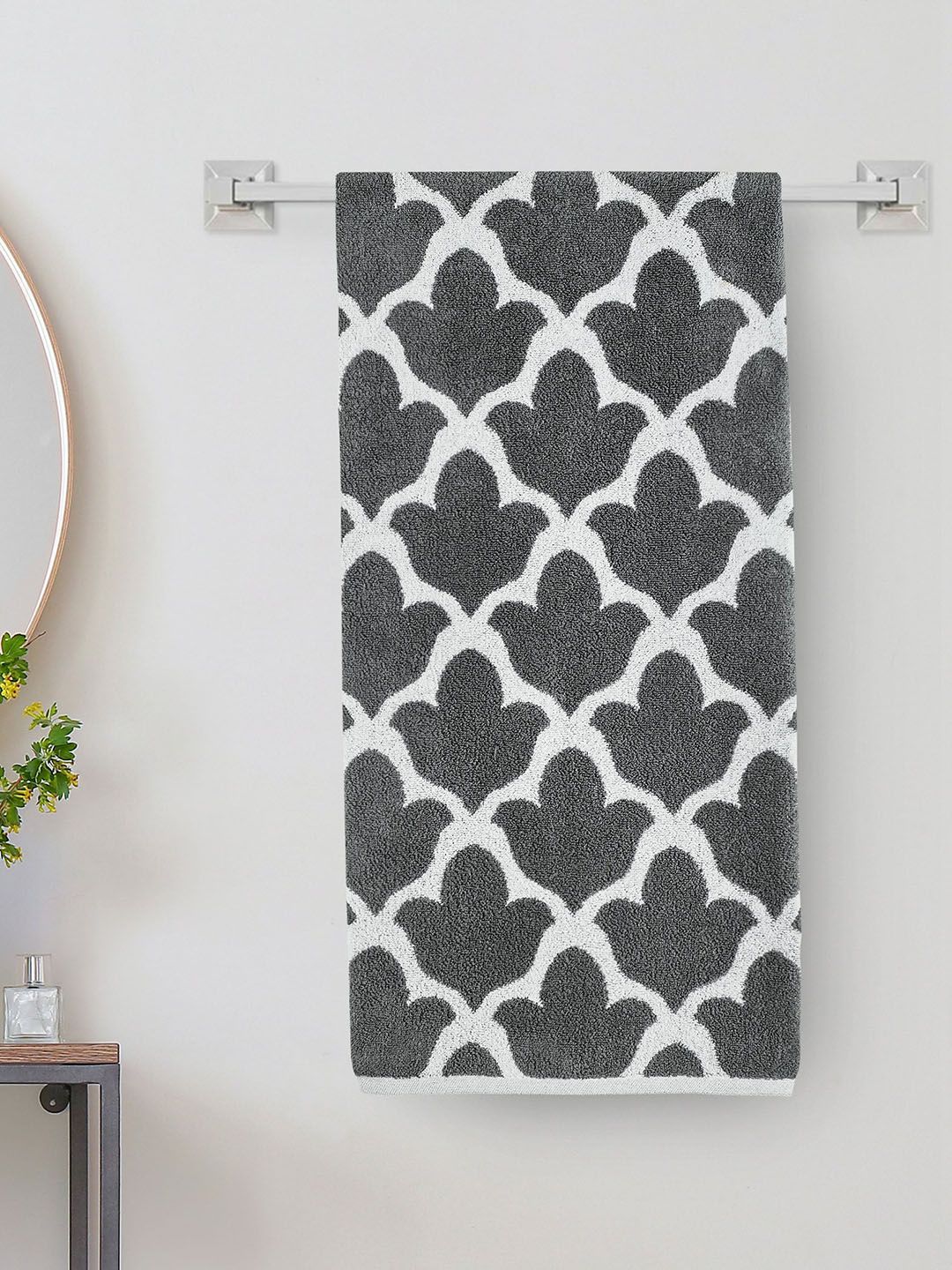 Home Centre Colour Refresh Essence Grey & White Printed 500 GSM Cotton Bath Towel
