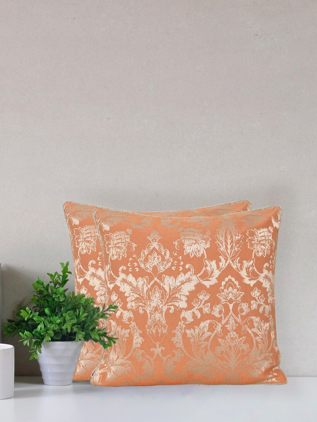 Home Orange Ethnic Motifs Cotton Washable 2 Piece Square Cushion Covers -14x14In