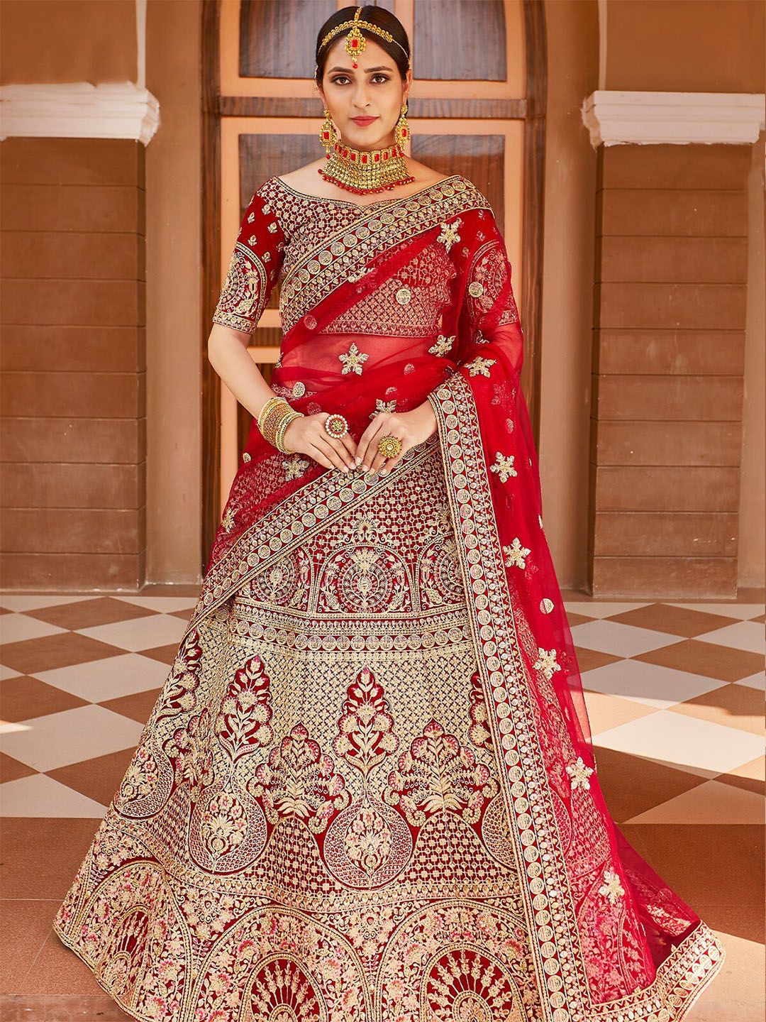 ODETTE Embroidered Sequinned Velvet Semi-Stitched Lehenga & Unstitched Blouse With Dupatta Price in India