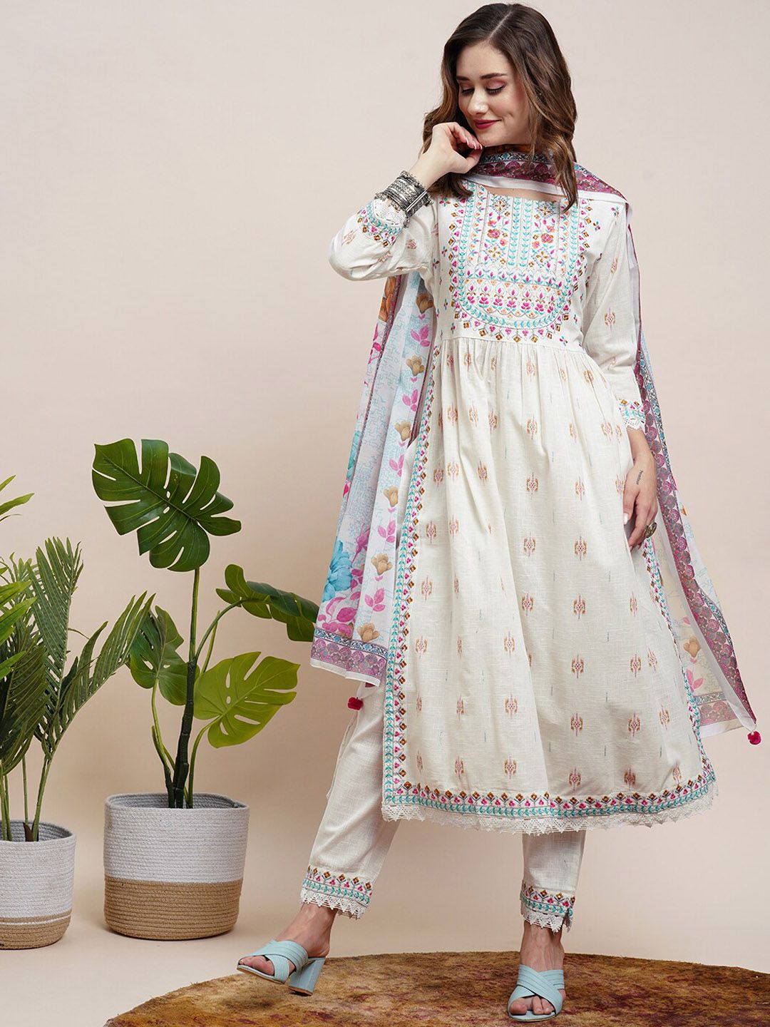 FASHOR White Ethnic Motifs Embroidered Kurta & Trousers With Dupatta Price in India