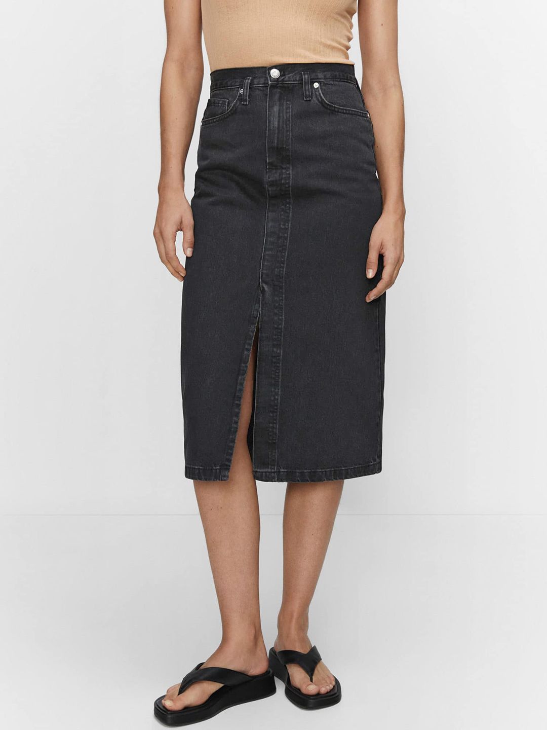 MANGO Cotton Front Slit Straight Denim Midi Skirt Price in India