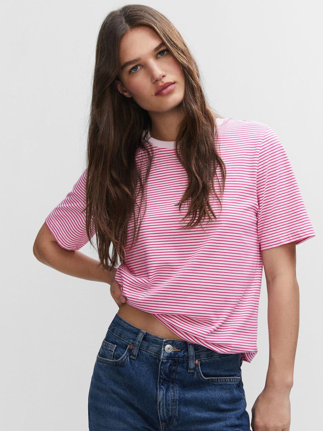 MANGO Striped Pure Cotton T-shirt Price in India