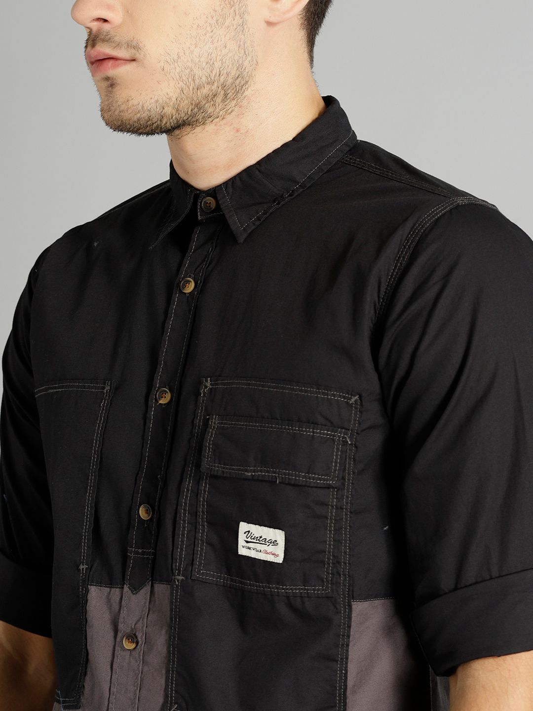 Buy Roadster Men Charcoal Grey & Black Regular Fit Colourblocked