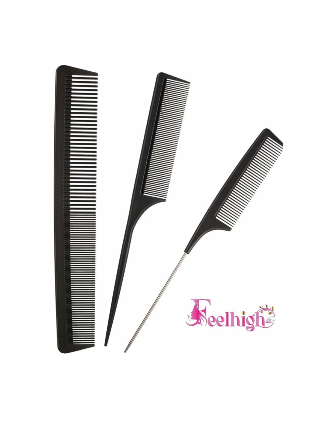 FEELHIGH Set Of 3 Carbon Fiber Barber Hair Cutting & Styling Combs - Black