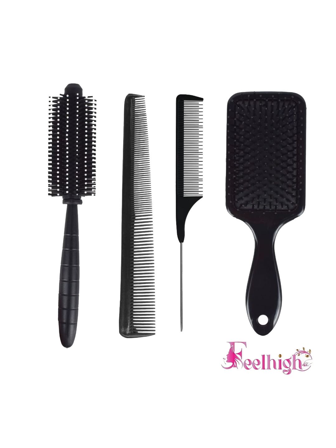 FEELHIGH Set Of 4 Carbon Fiber Barber Hair Cutting Styling Brush & Combs - Black