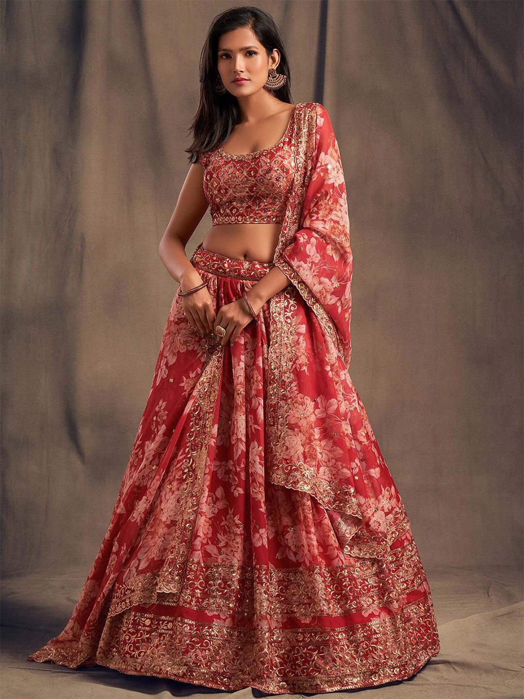 ODETTE Printed Sequinned Semi-Stitched Lehenga & Unstitched Blouse With Dupatta Price in India