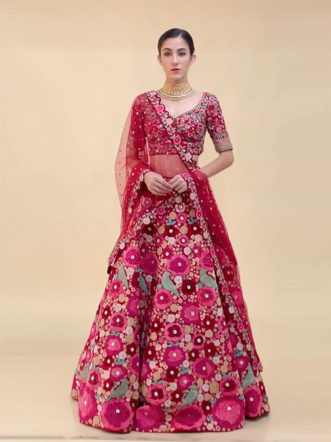 ODETTE Printed Thread Work Semi-Stitched Lehenga & Unstitched Blouse With Dupatta Price in India