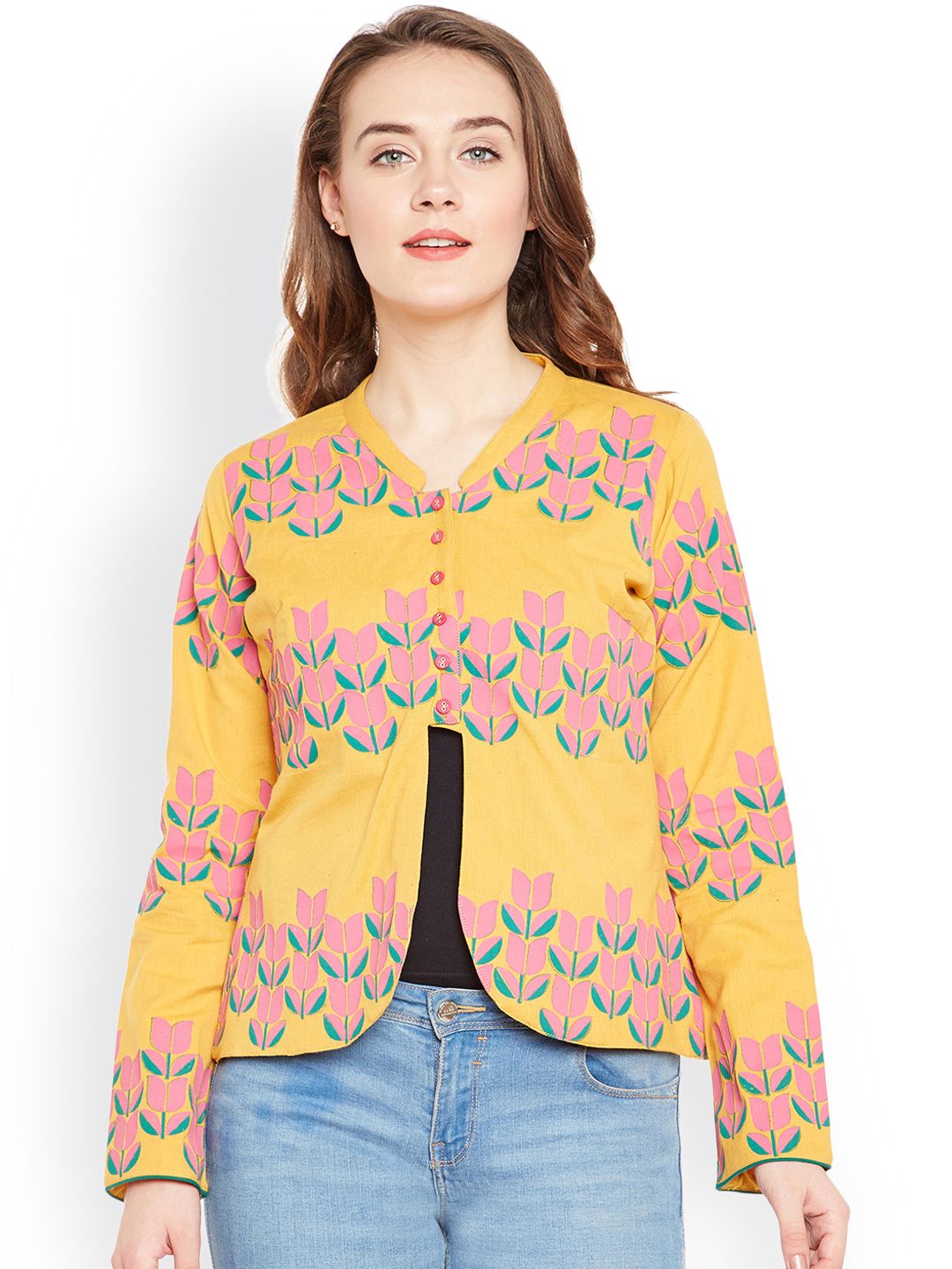 Bitterlime Women Mustard Printed Tailored Jacket Price in India