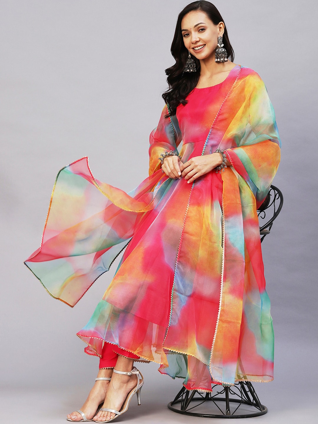 KALINI Printed Anarkali Gotta Patti Kurta With Trousers & Dupatta Price in India