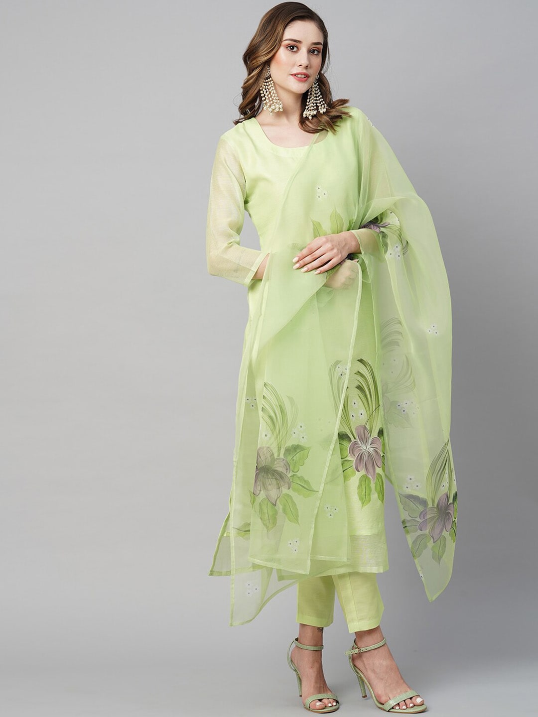 KALINI Floral Printed Straight Kurta & Trousers With Dupatta Price in India
