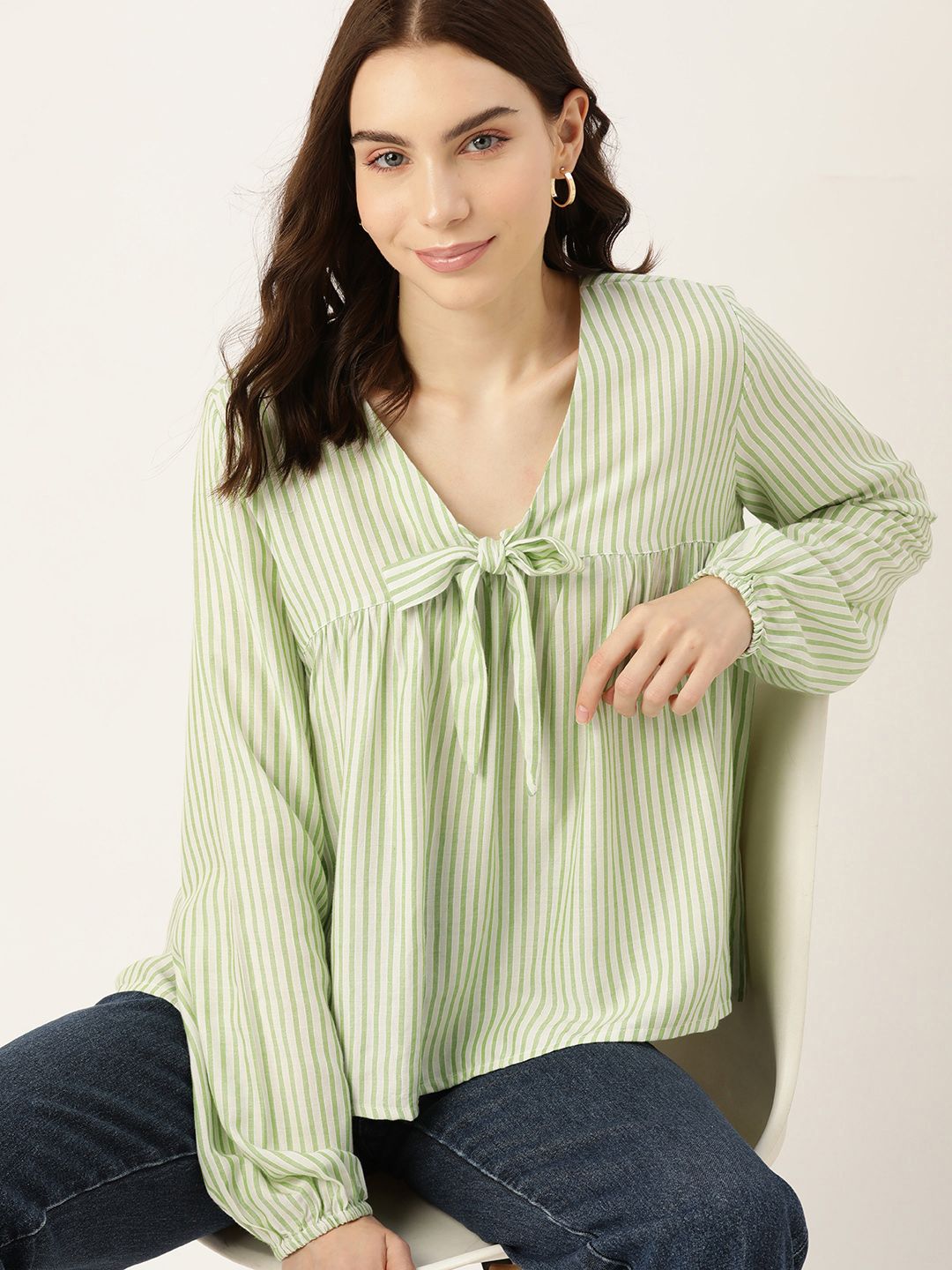 DressBerry Striped Tie-Up Neck Top