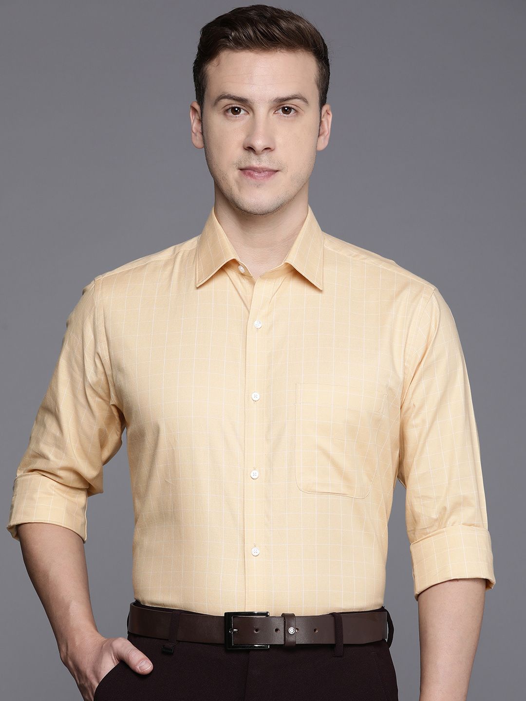 Raymond Pure Cotton Slim Fit Grid Tattersall Checked Formal Shirt