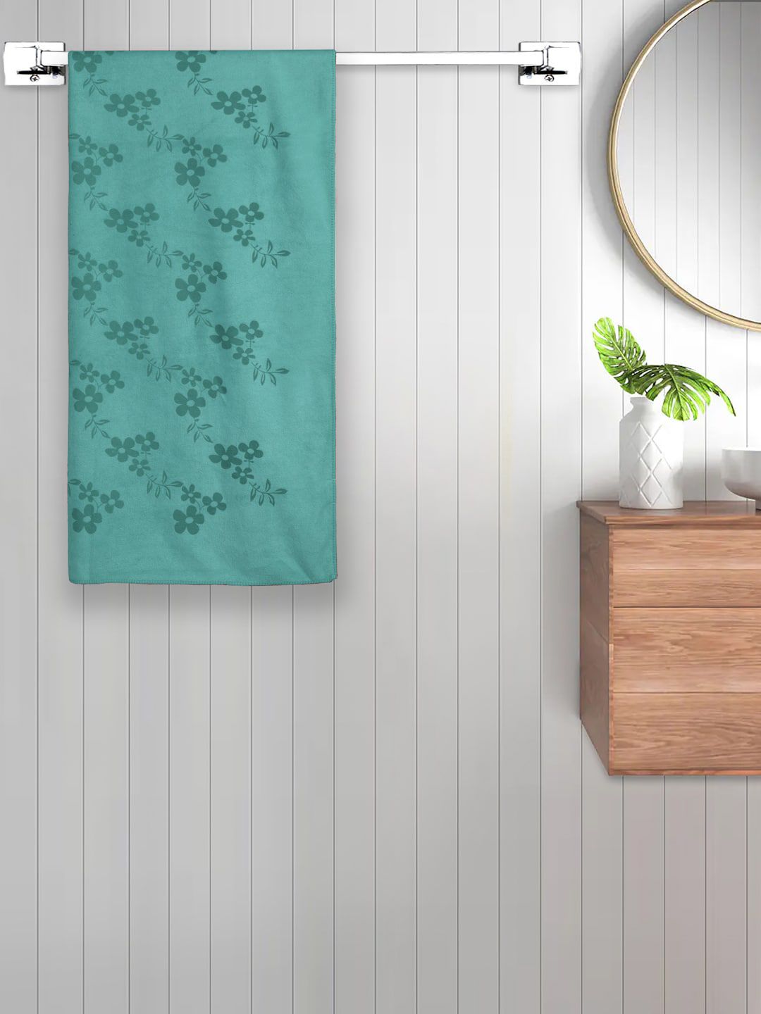 FABINALIV Turquoise Blue Floral Printed 420 GSM Cotton Bath Towel