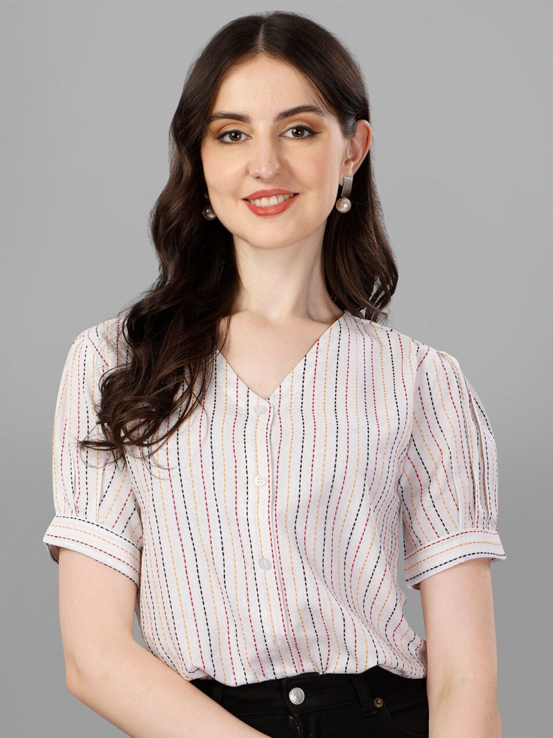 Kinjo Striped Puff Sleeve Shirt Style Cotton Top Price in India