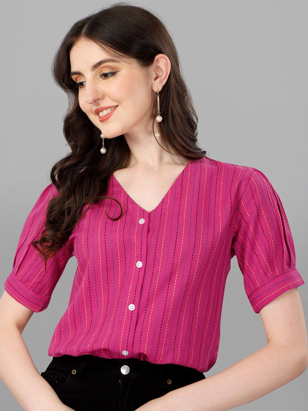 Kinjo Striped Puff Sleeve Shirt Style Cotton Top Price in India
