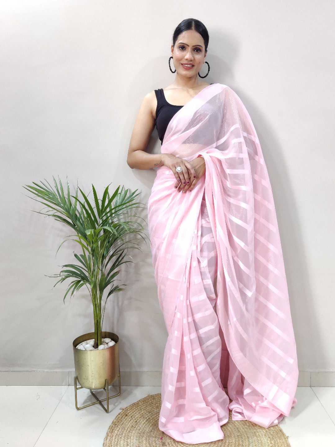 VEERAX Striped Pure Georgette Ready To Wear Saree Price in India
