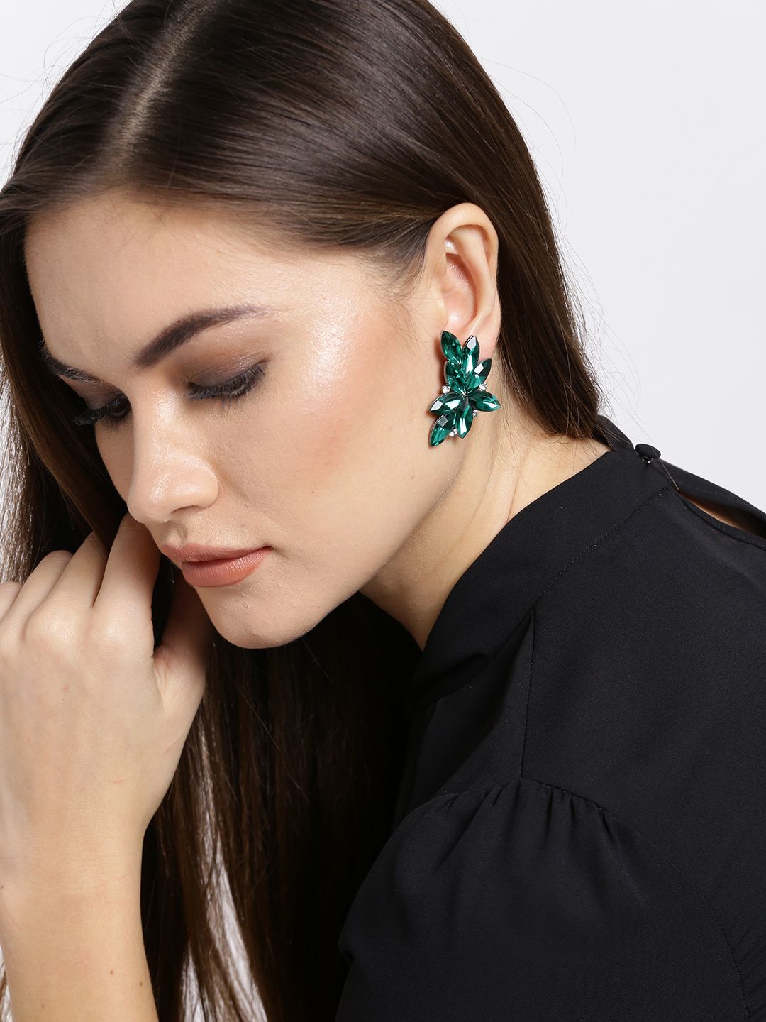 YouBella Green Silver-Plated Stone-Studded Contemporary Studs Price in India