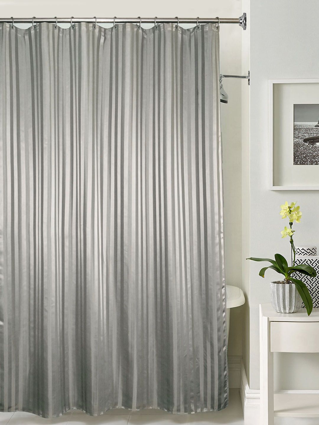 Lushomes Grey Striped Shower Curtain Price in India