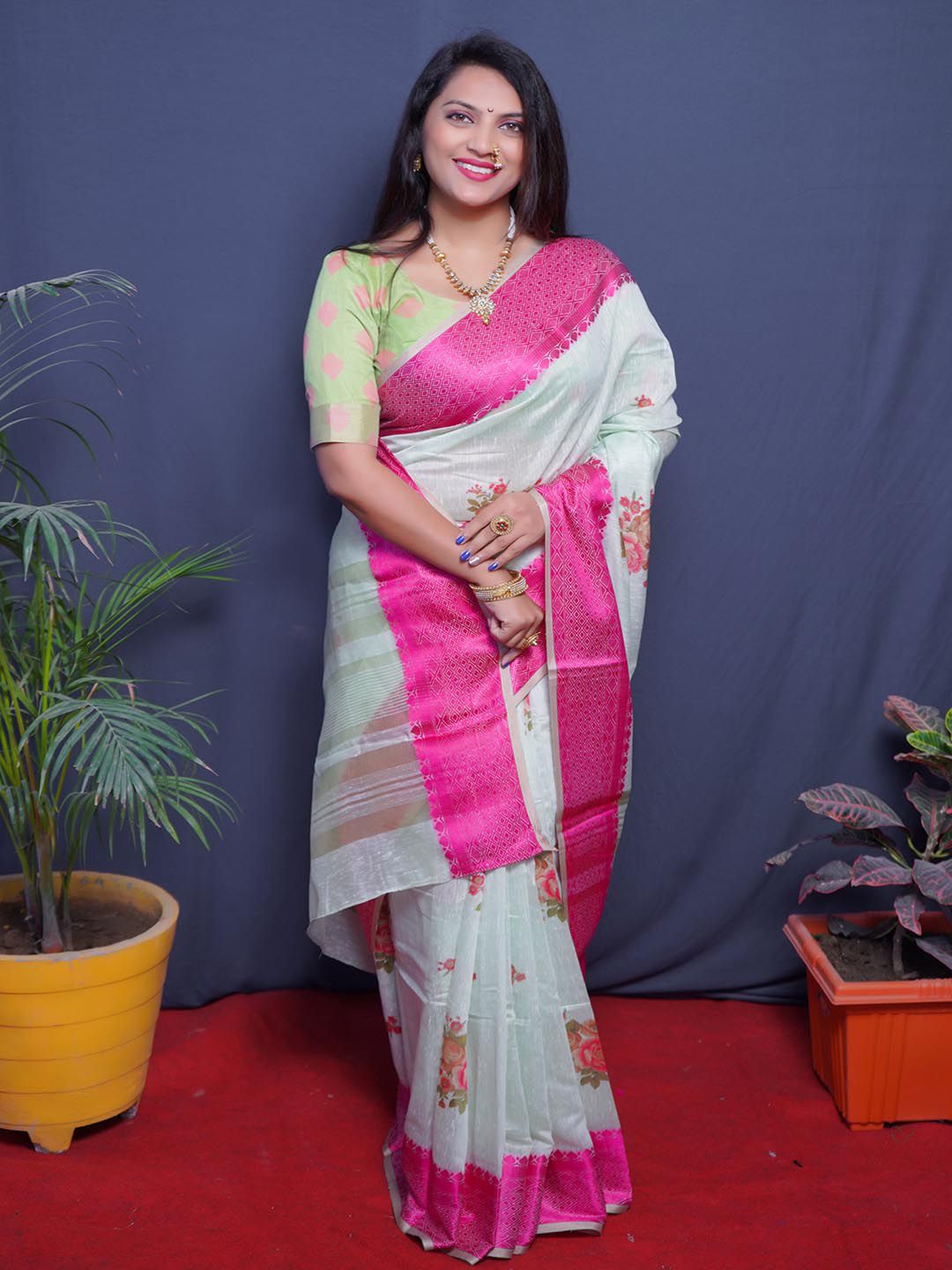Mitera White & Pink Floral Zari Linen Blend Saree Price in India