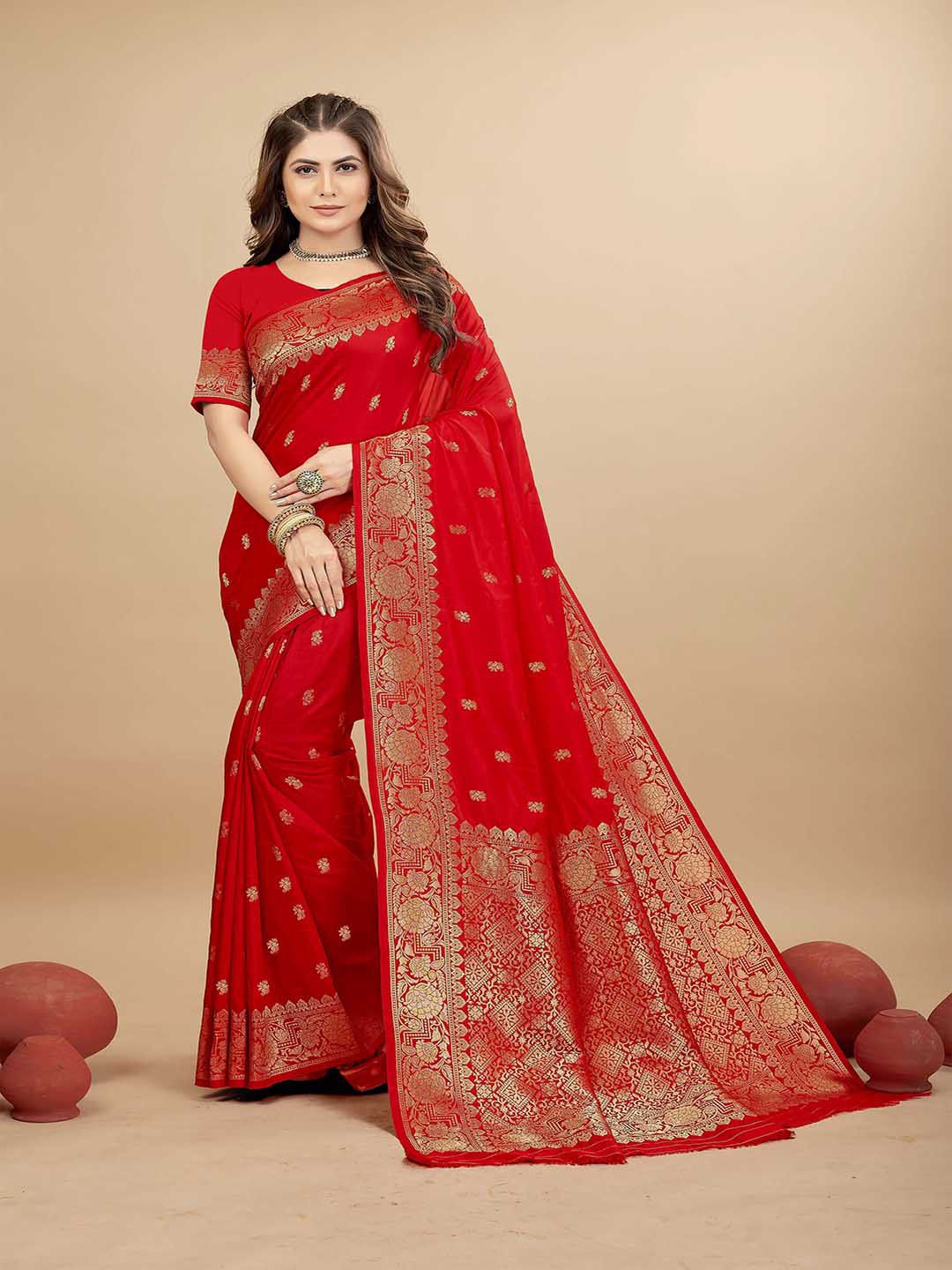 Mitera Red & Gold-Toned Woven Design Zari Art Silk Saree Price in India