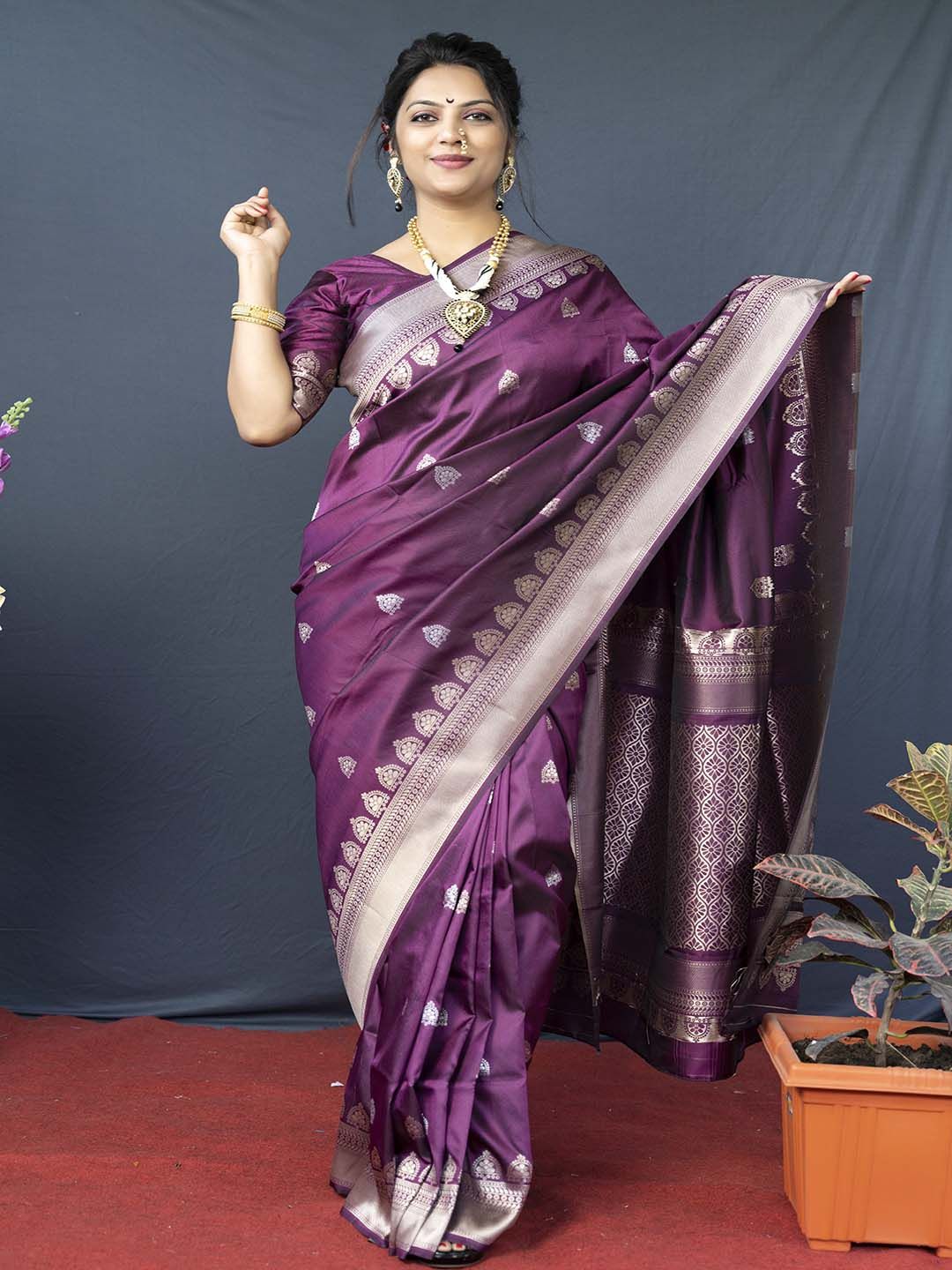 Mitera Purple & Gold-Toned Woven Design Zari Art Silk Saree Price in India