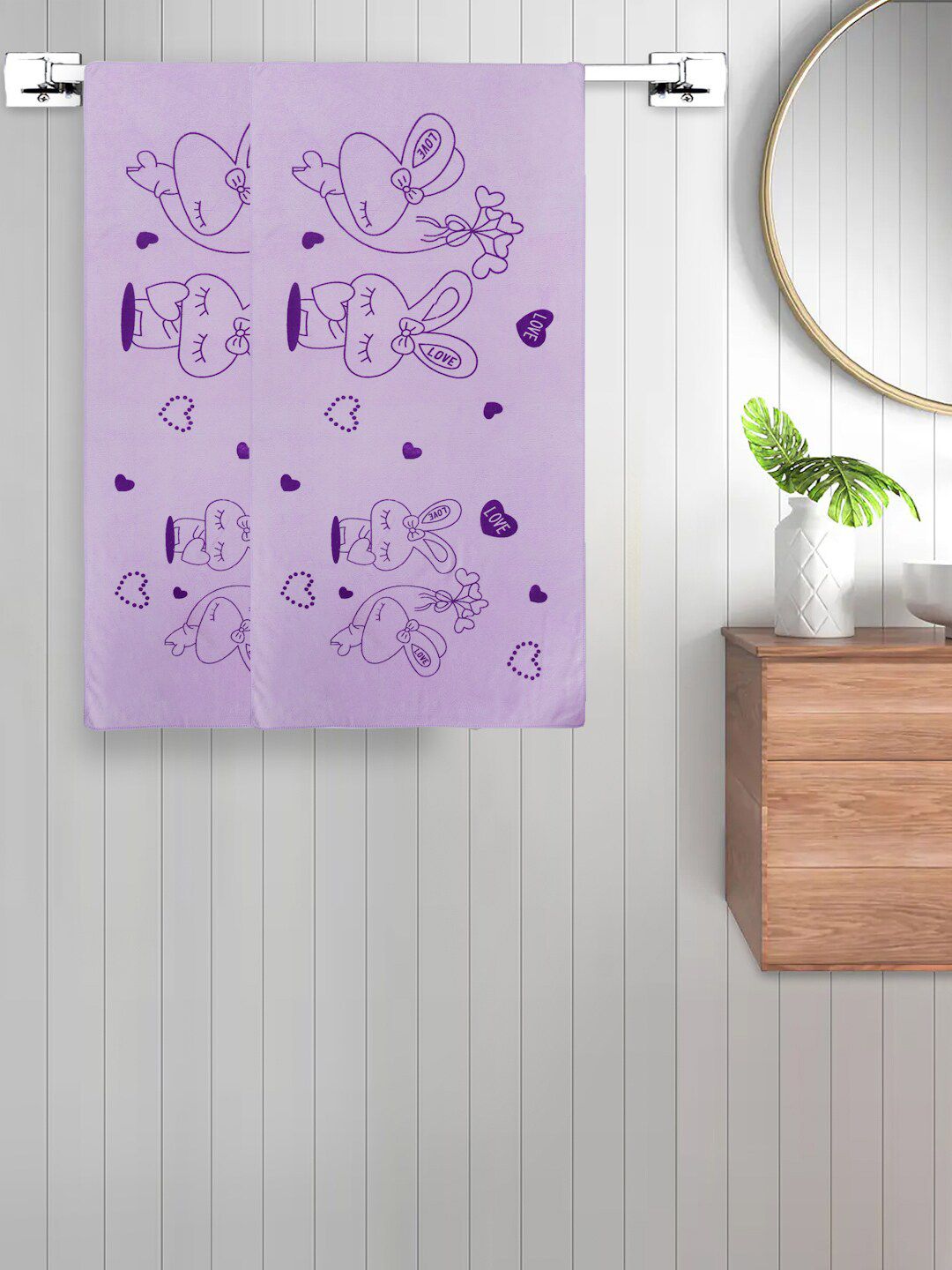 FABINALIV Kids Purple 2 Pieces Printed 300GSM Cotton Bath Towels