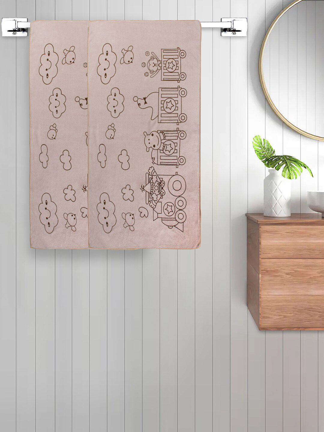 FABINALIV Kids Beige 2 Pieces Printed Cotton Bath Towels