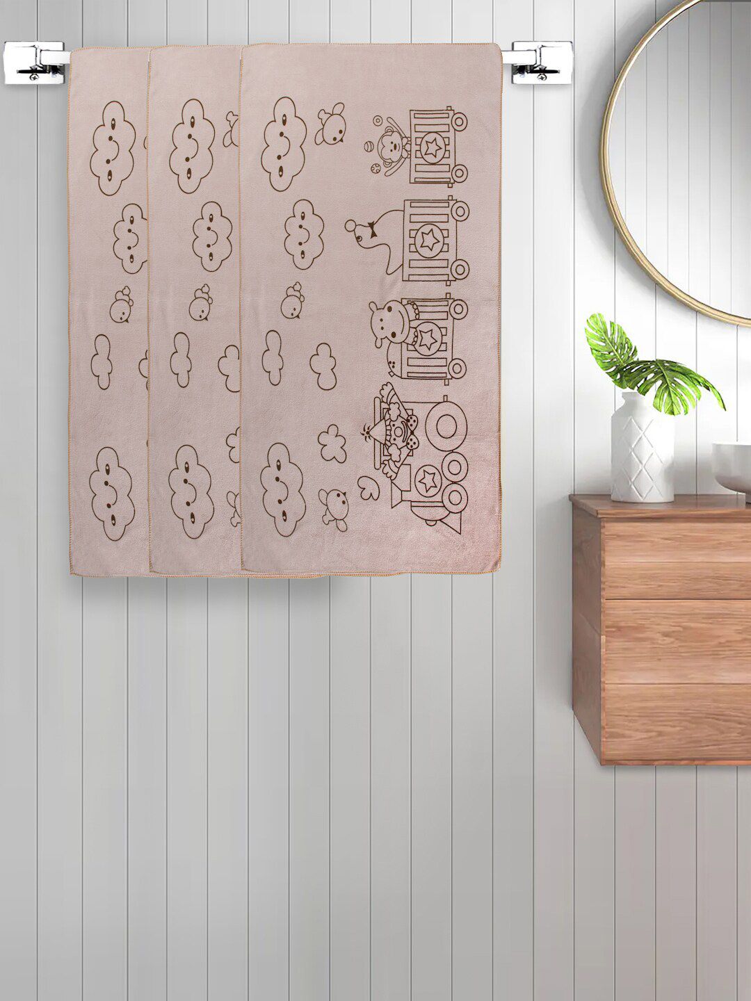 FABINALIV Kids Beige 3 Pieces Printed 300GSM Cotton Bath Towels