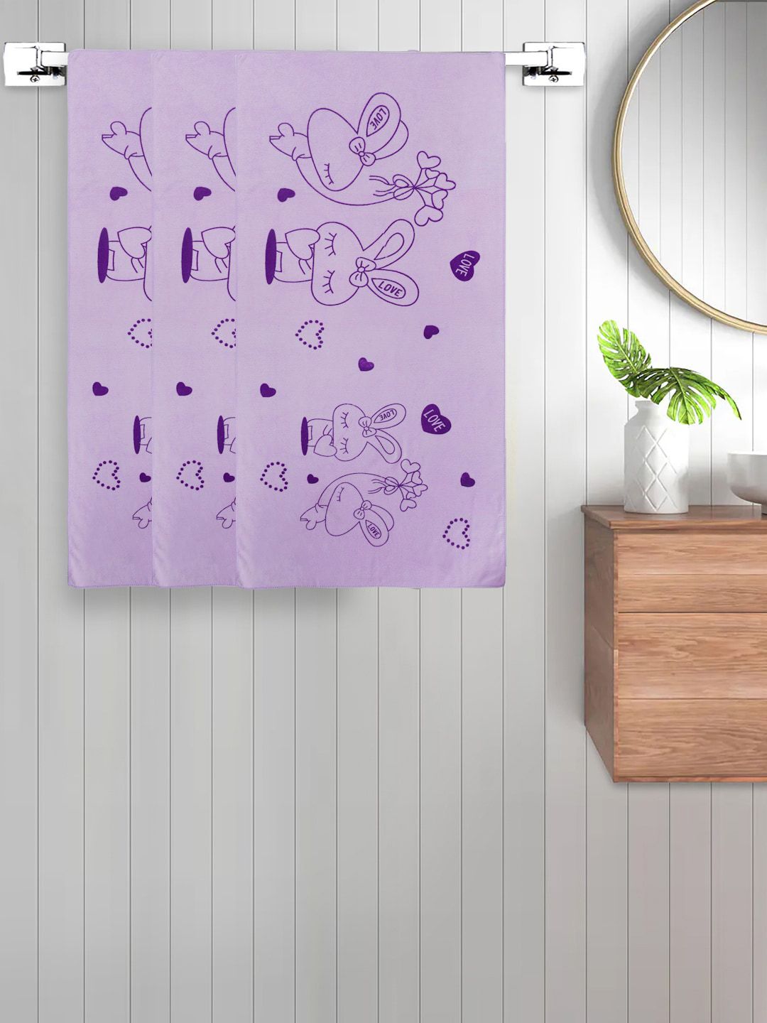 FABINALIV Kids Purple 3 Pieces Printed 300GSM Cotton Bath Towels
