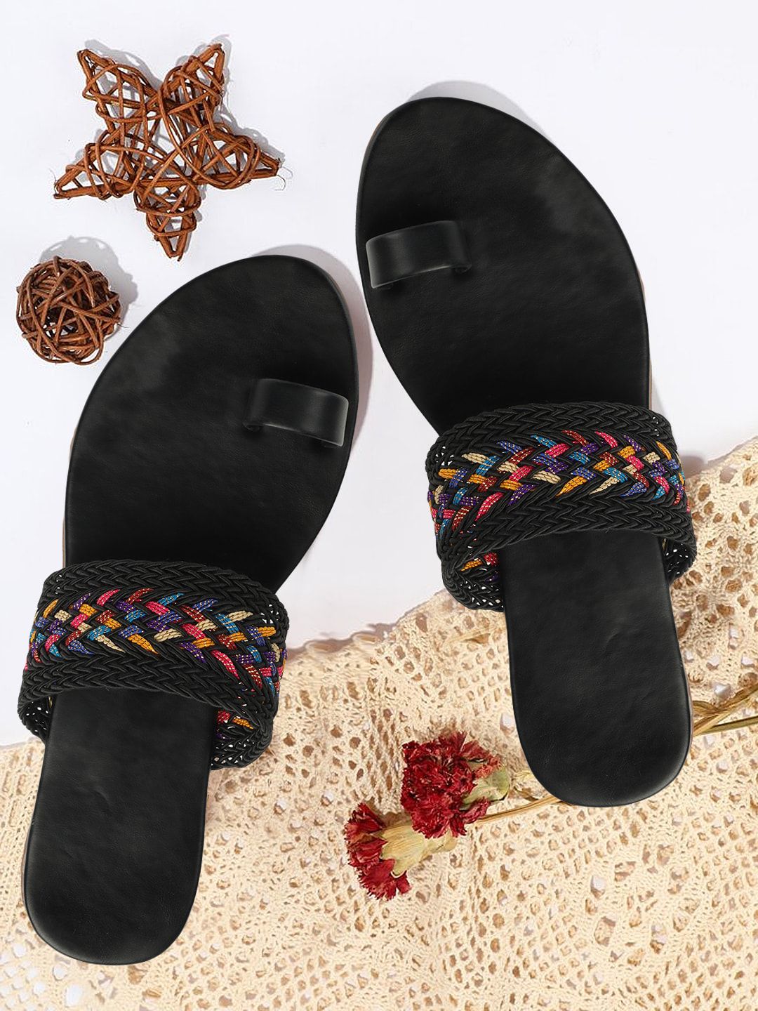 PERY PAO Women Black Open Toe Flats with Bows Price in India