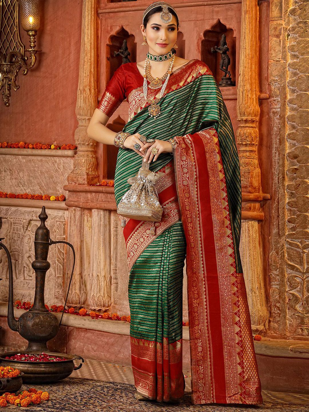 Mitera Green & Red Striped Woven Design Zari Banarasi Saree Price in India